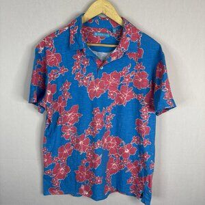 Tori Richard Hawaiian Shirt Blue Pink Floral Aloha Short Sleeve Men’s Large